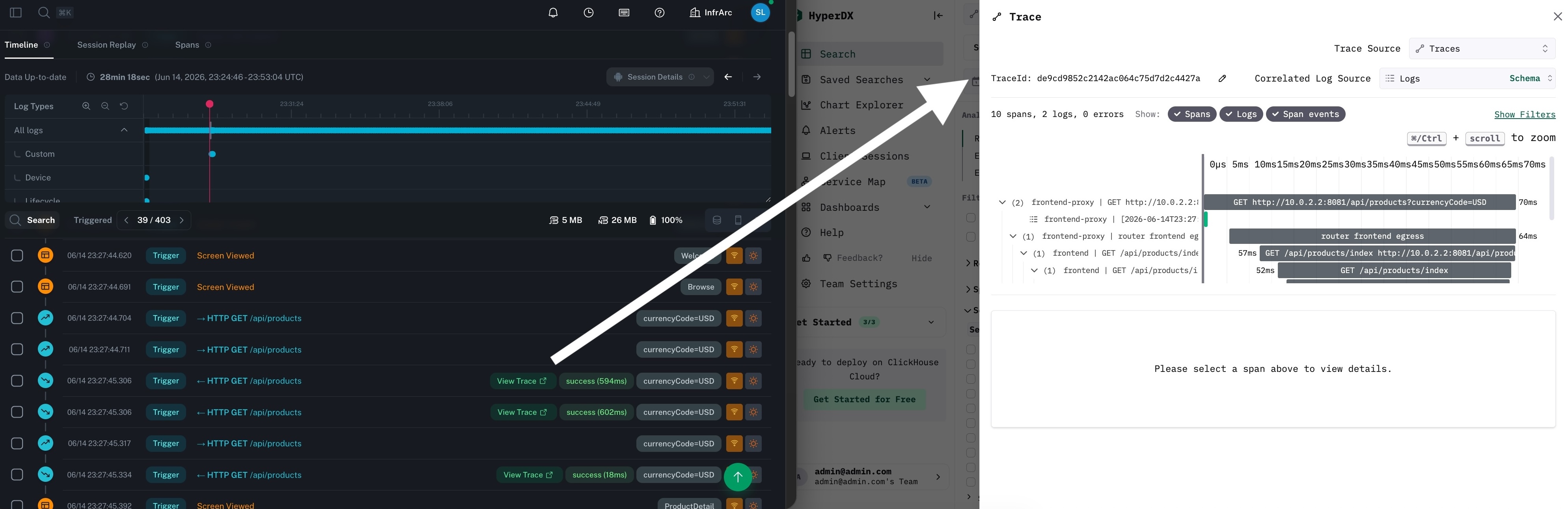 Una traza de bitdrift que enlaza con una traza distribuida en la UI de ClickStack