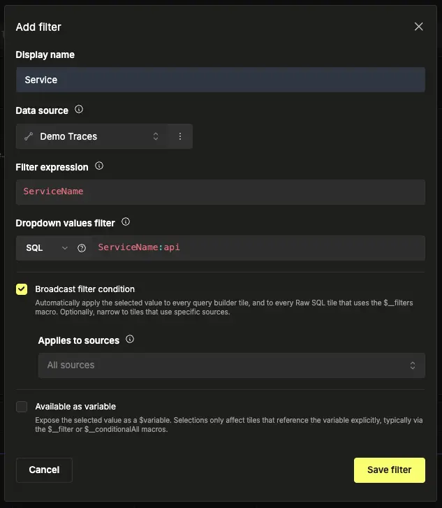 Boîte de dialogue Add filter avec les champs Display Name, Data source et Filter expression