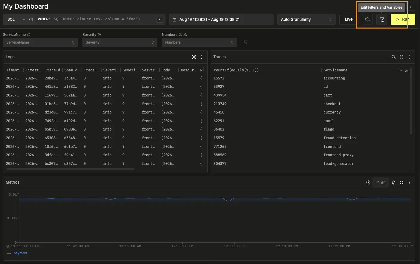 Bouton Modifier les filtres et les variables dans la barre d’outils du tableau de bord
