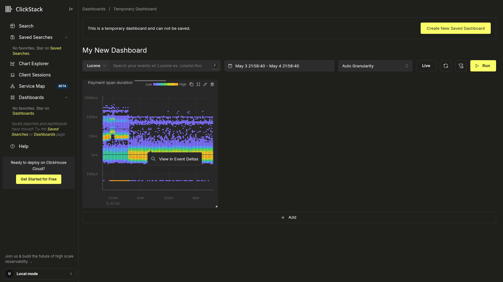Clic sur une cellule de heatmap révélant l’action View in Event Deltas
