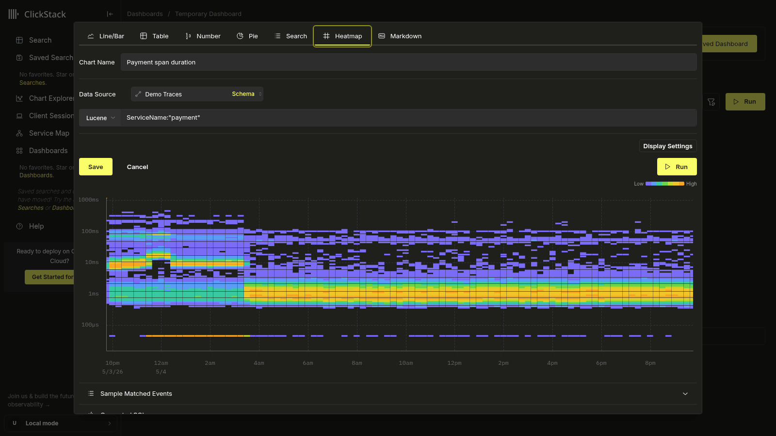 Éditeur de tuile Heatmap avec les valeurs par défaut de durée de span préremplies, le filtre ServiceName payment et le bouton Display Settings