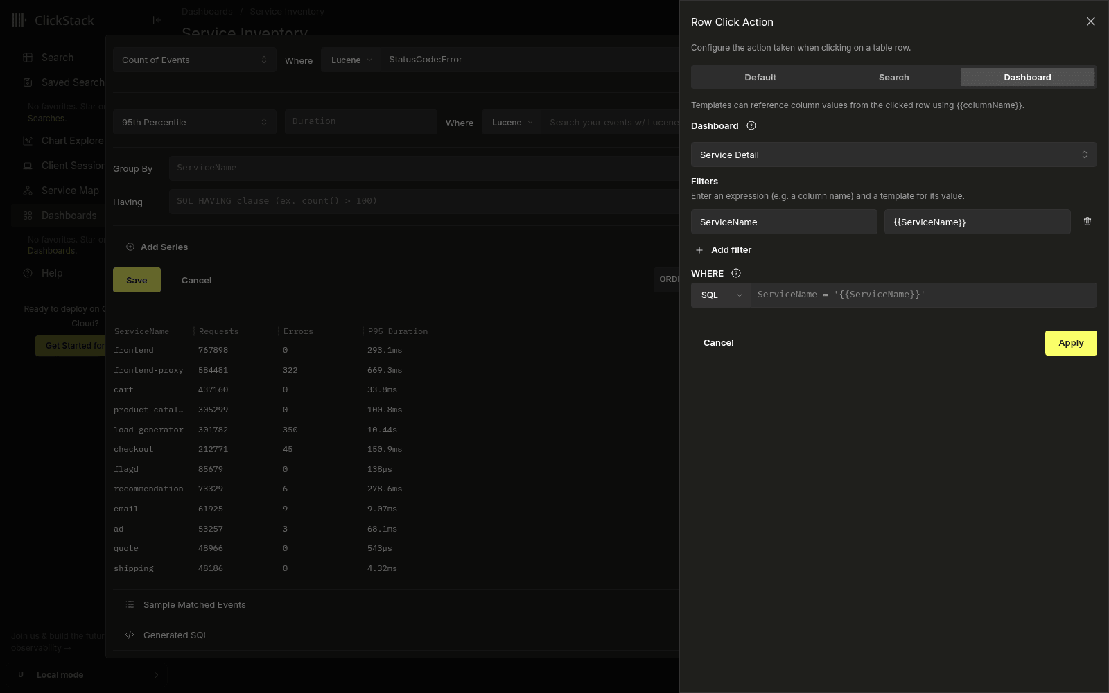 Dashboard 모드의 Row Click Action 드로어. 대상으로 Service Detail 대시보드가 선택되어 있고, 클릭한 행에서 템플릿화된 ServiceName 필터가 설정된 모습