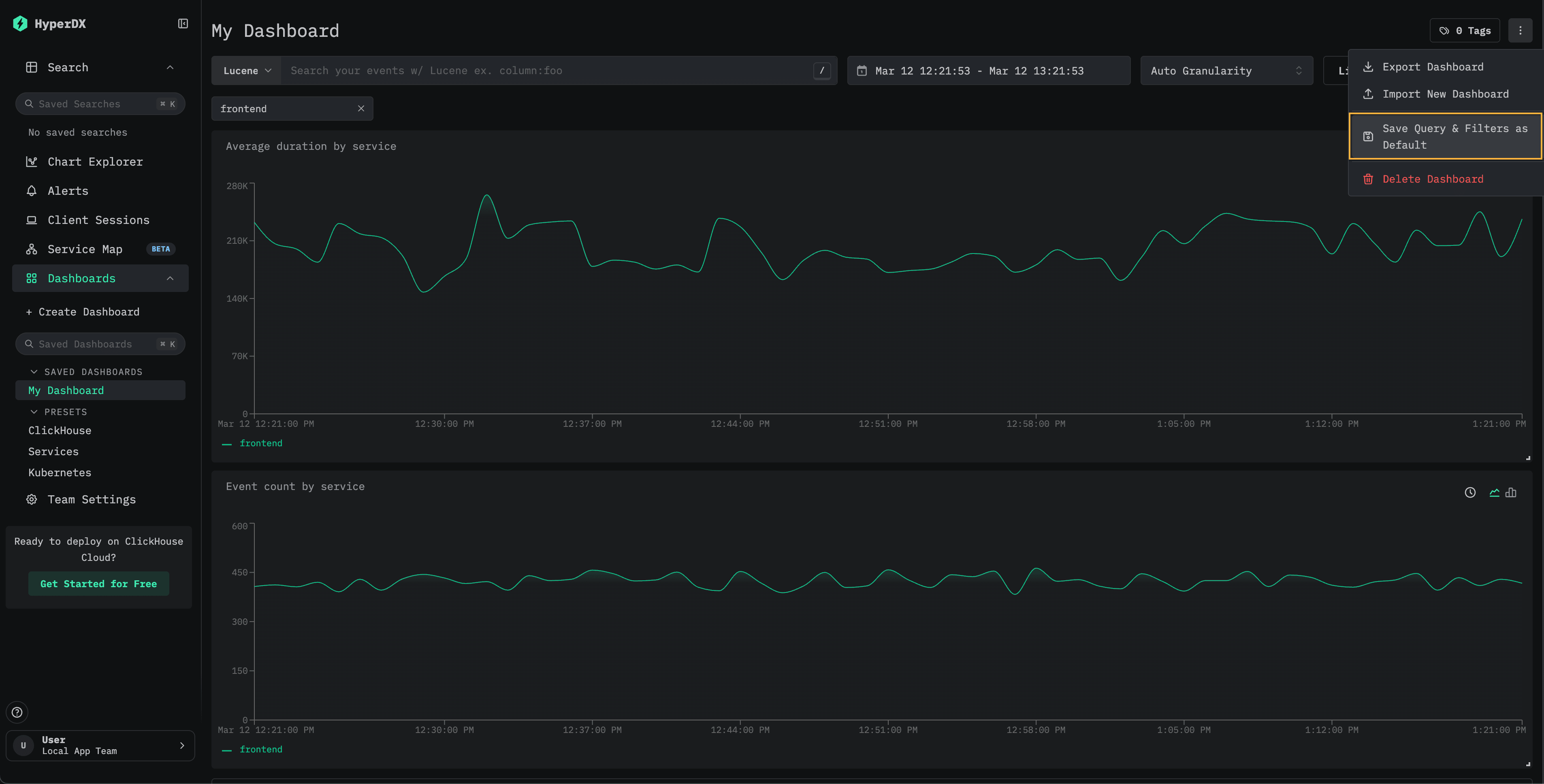 Menu du tableau de bord affichant l’option Save Query and Filters as Default