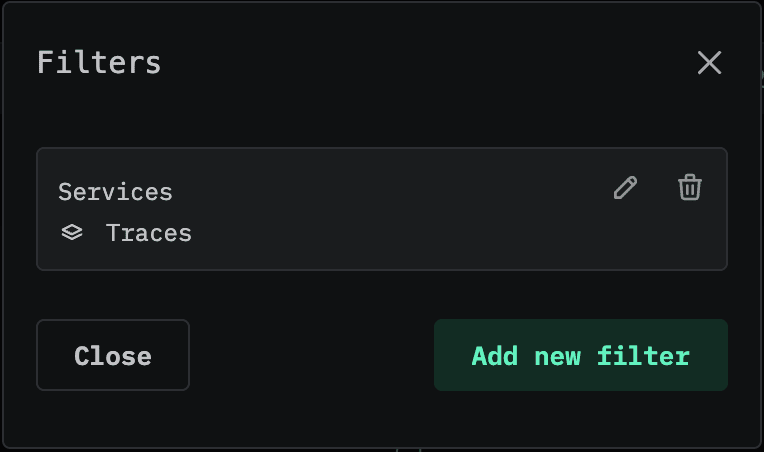 Fenêtre modale Filters affichant un filtre Services configuré