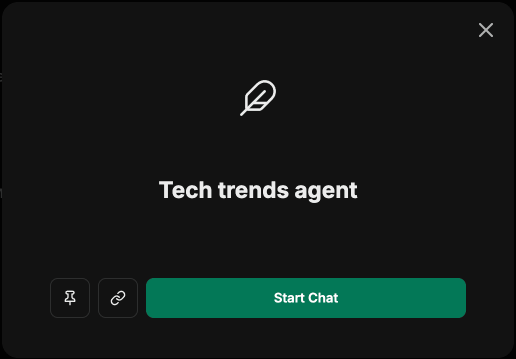 Cuadro de diálogo de detalles del agente que muestra el nombre del agente, un icono y las acciones Fijar, Copiar enlace e Iniciar chat