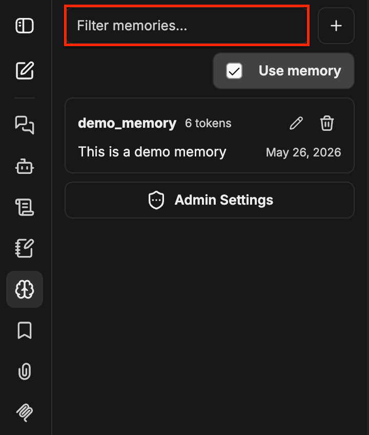 لوحة Memory مع تمييز حقل «تصفية عناصر Memory» وكتابة 'demo' فيه