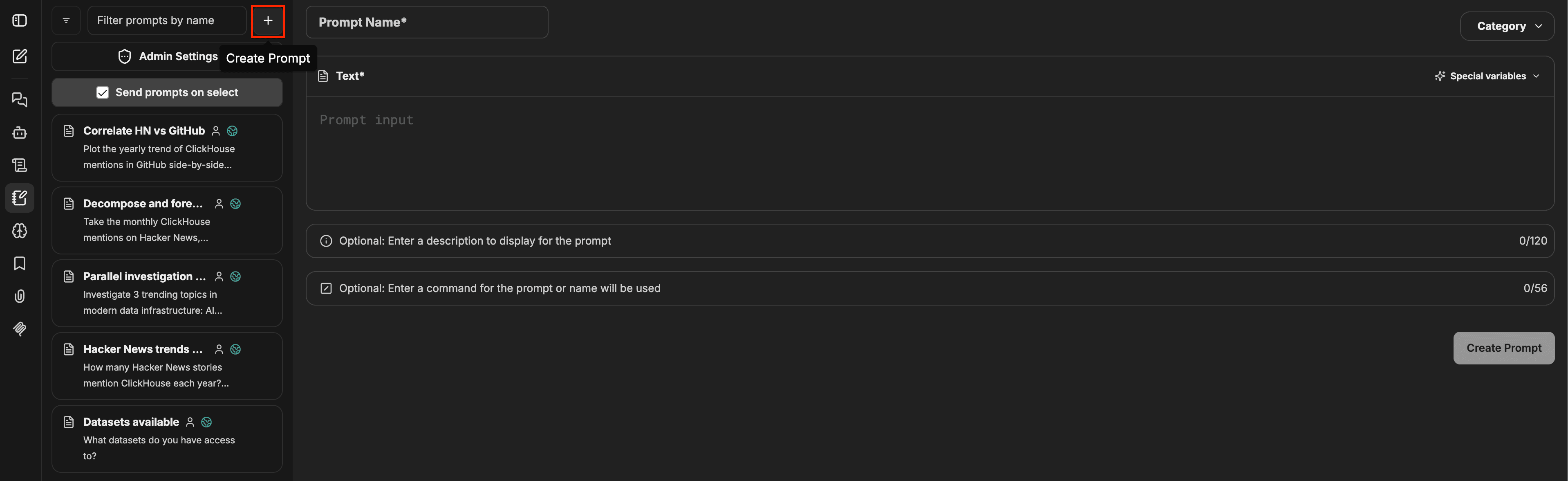 Painel Prompts com o botão + destacado à esquerda e o formulário Criar prompt aberto à direita, mostrando os campos Nome do prompt, Texto, Categoria, Variáveis especiais, Descrição e Comando, com um botão Criar prompt