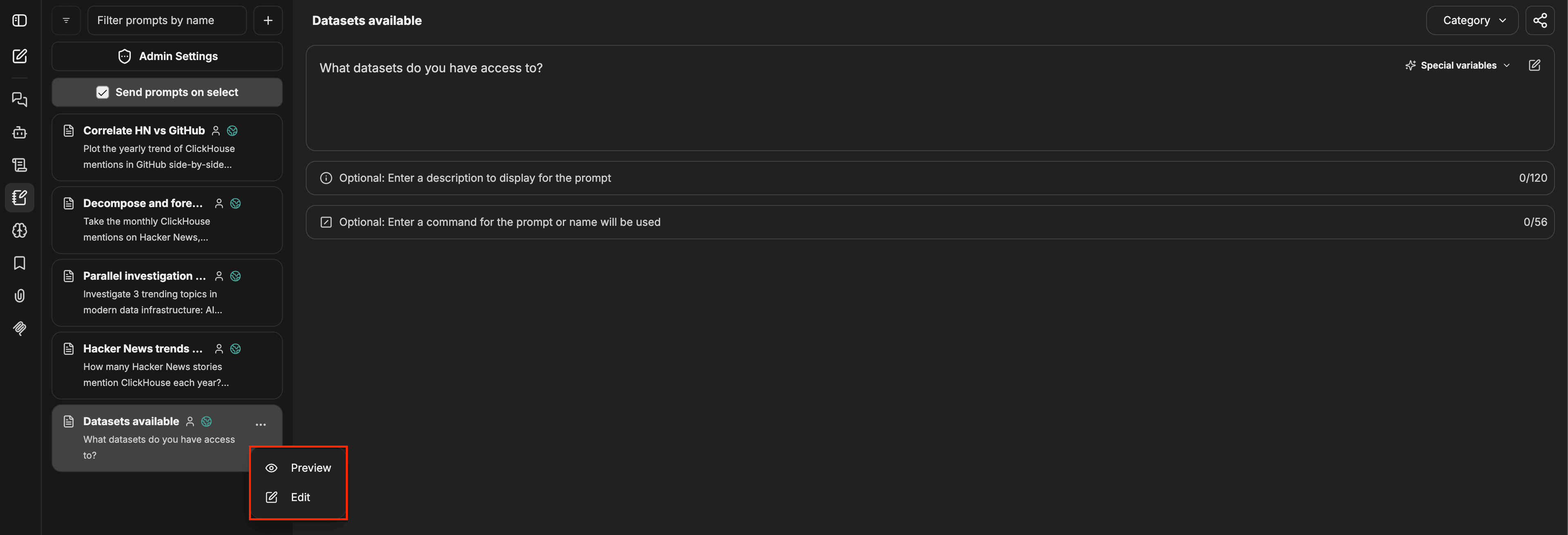 Painel Prompts com um prompt selecionado, seus detalhes visíveis à direita e um menu de contexto mostrando as opções Preview e Edit