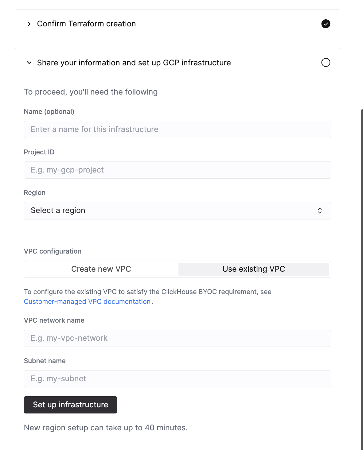 Интерфейс настройки ClickHouse Cloud BYOC с выбранным Use existing VPC для GCP