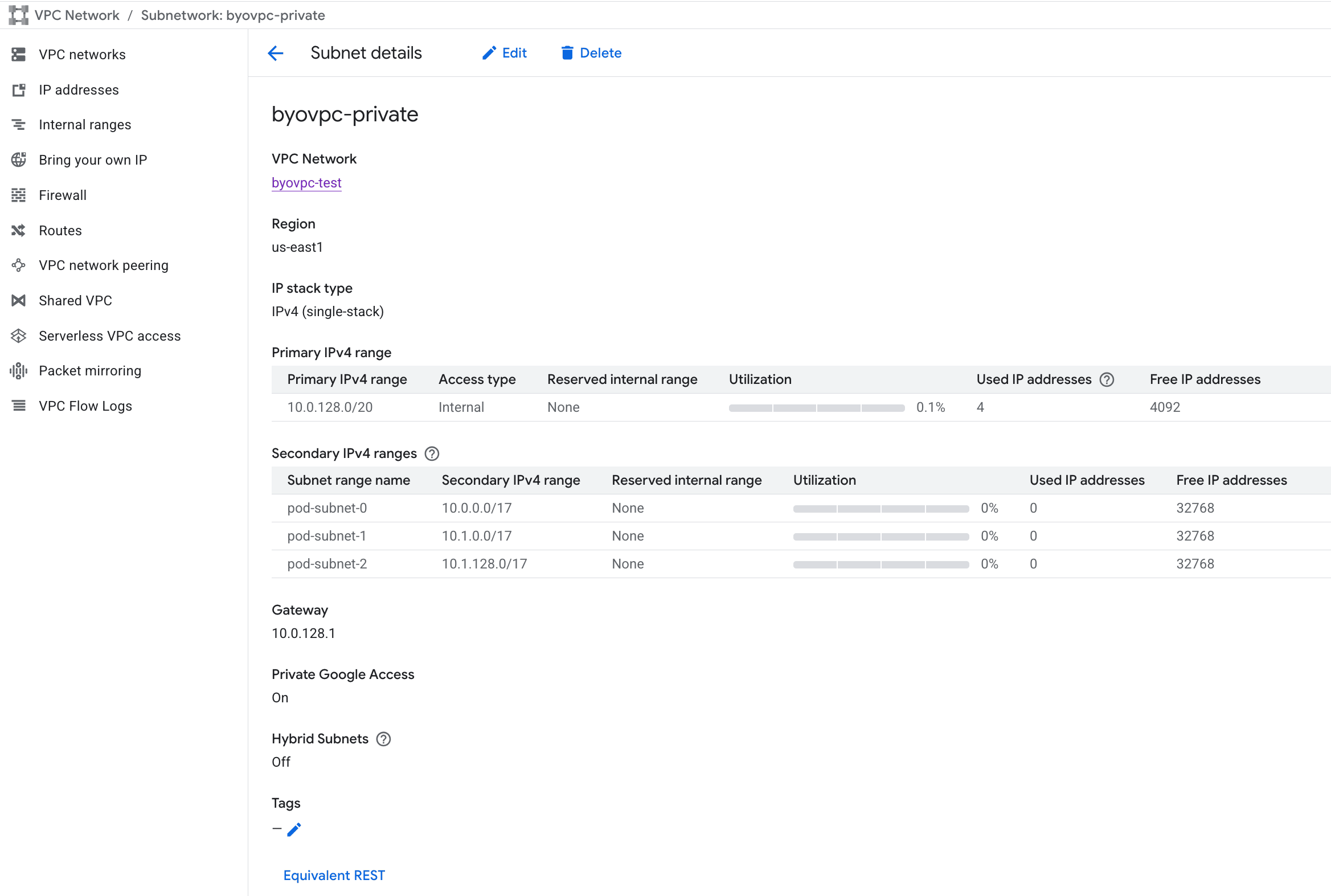 Сведения о подсети BYOC в GCP с основным и вторичным диапазонами IPv4 и включенным Private Google Access