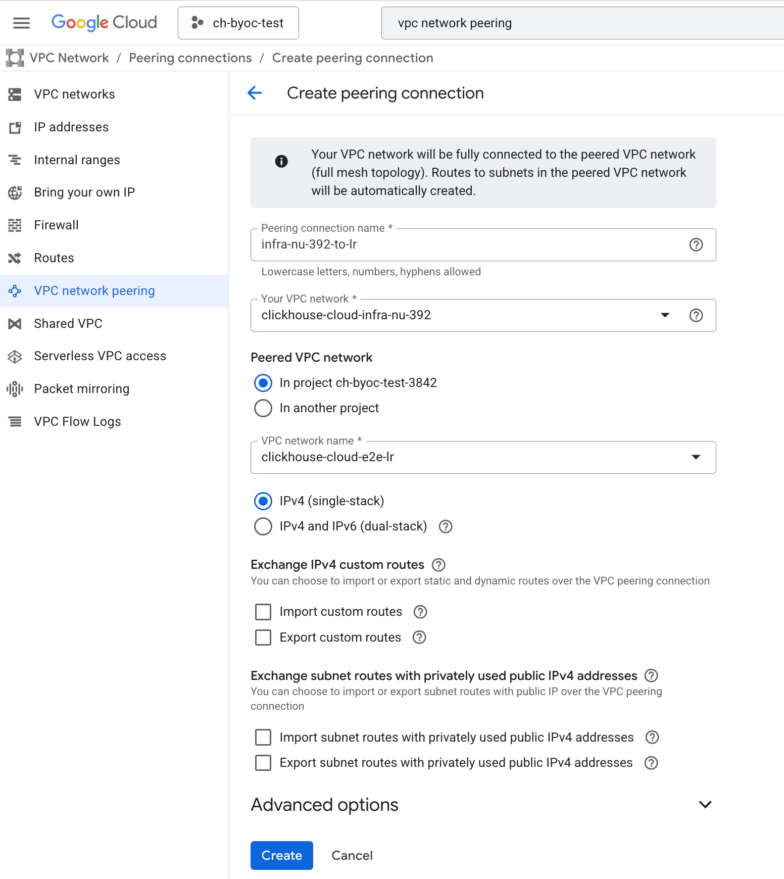 BYOC Créer une connexion de peering