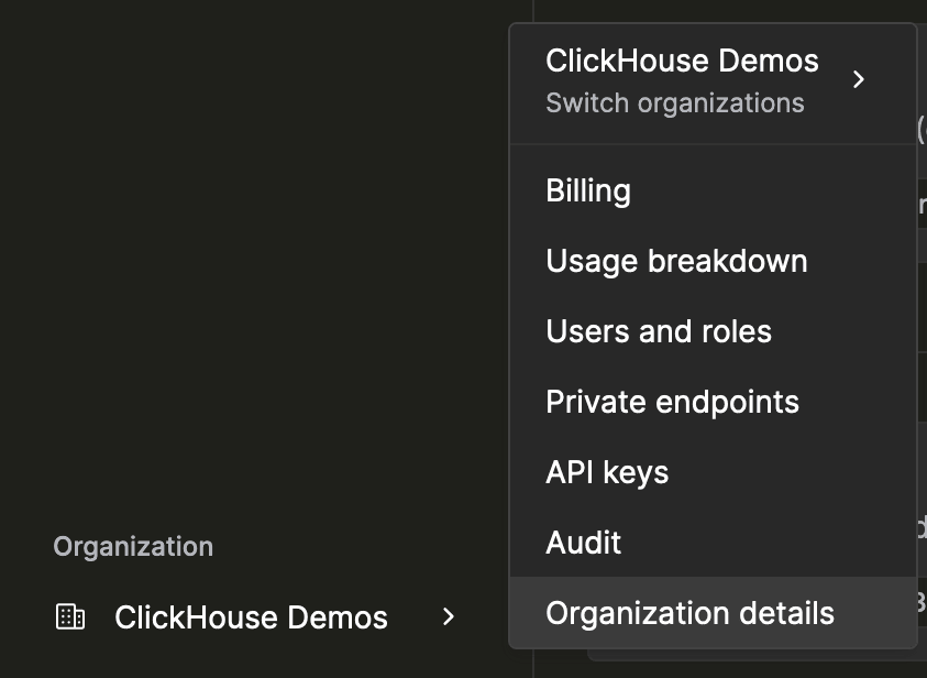 Вкладка активности ClickHouse Cloud