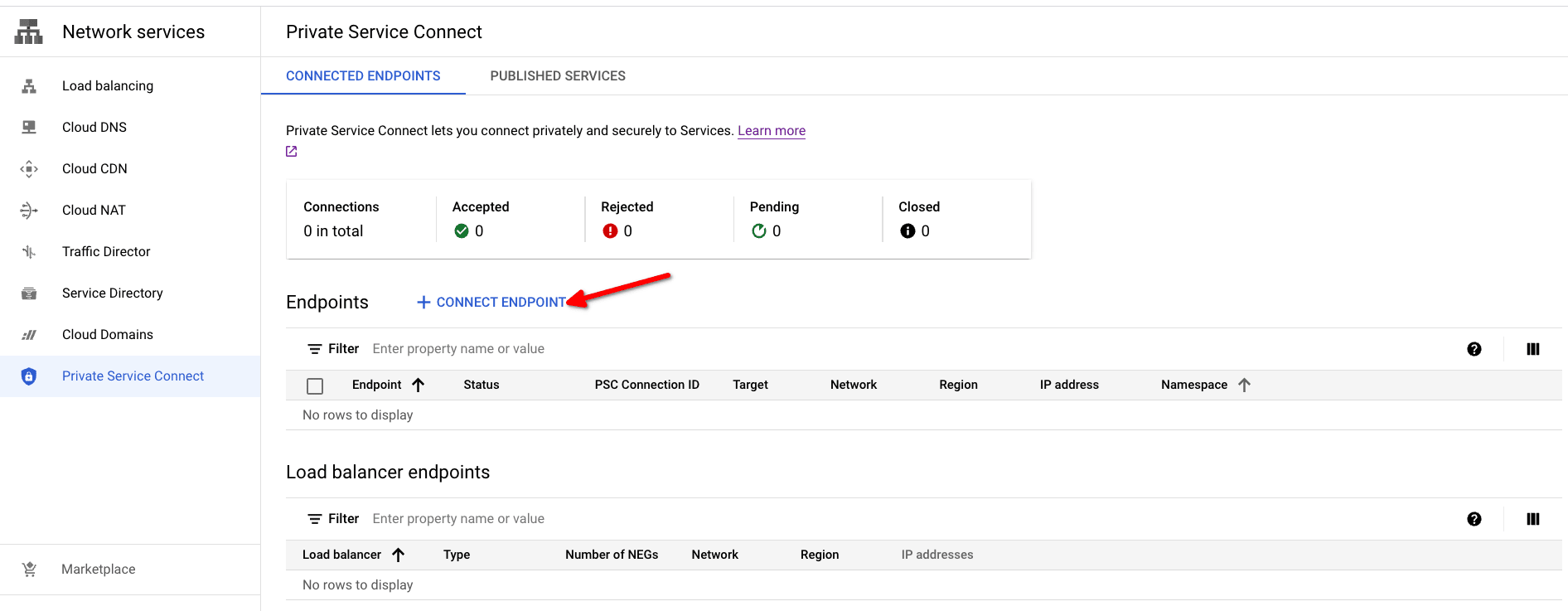 Откройте Private Service Connect в консоли Google Cloud