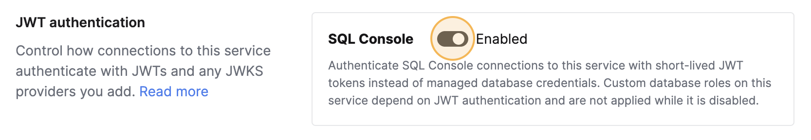 Карточка JWT-аутентификации с включенным переключателем SQL Console