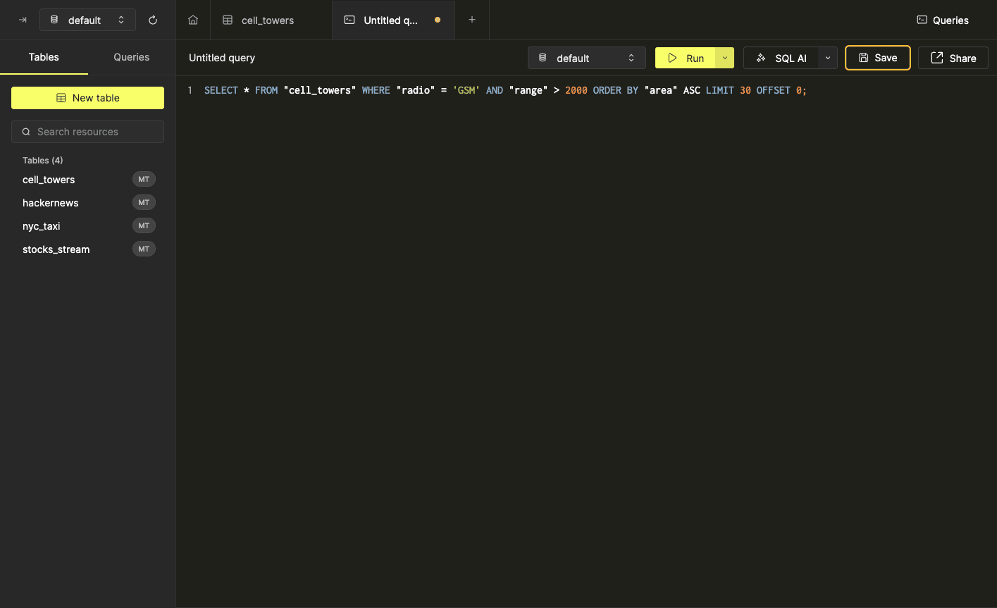 フィルターとソートからSQLを生成する Create Query ボタンを示すインターフェイス