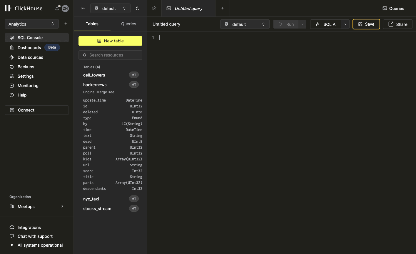 「+」ボタンまたは「New Query」ボタンを使って新しいクエリを作成する方法を示すインターフェイス