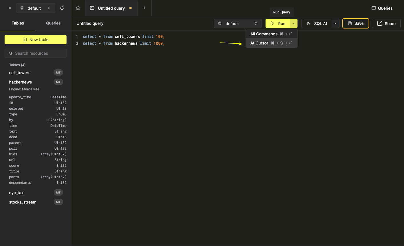 拡張実行オプションメニューの Run at cursor オプション