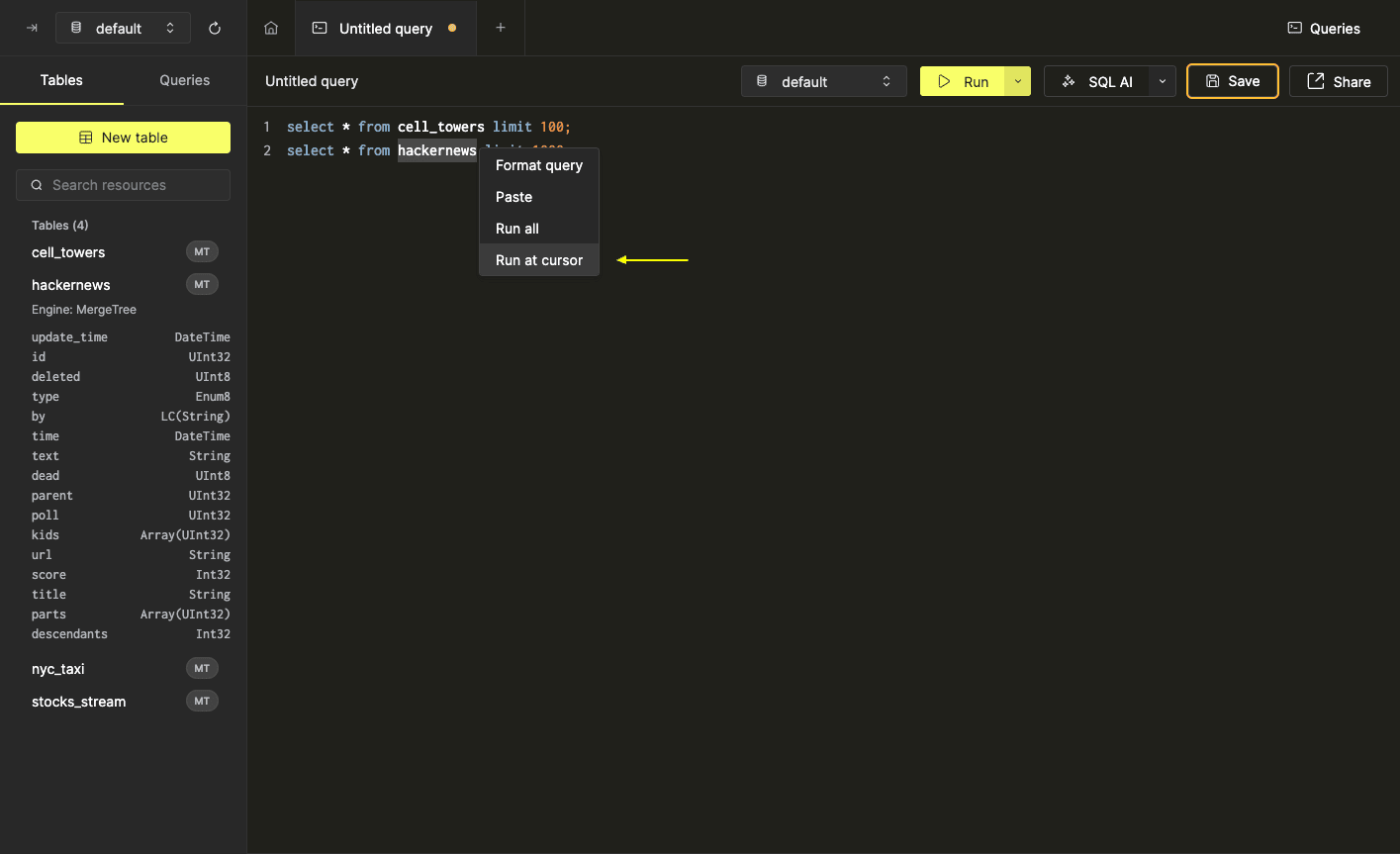 SQL エディタのコンテキストメニューの Run at cursor オプション
