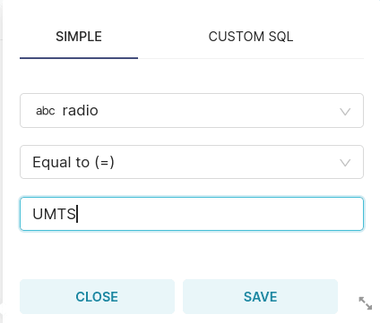 Filtrer sur une valeur radio égale à UMTS