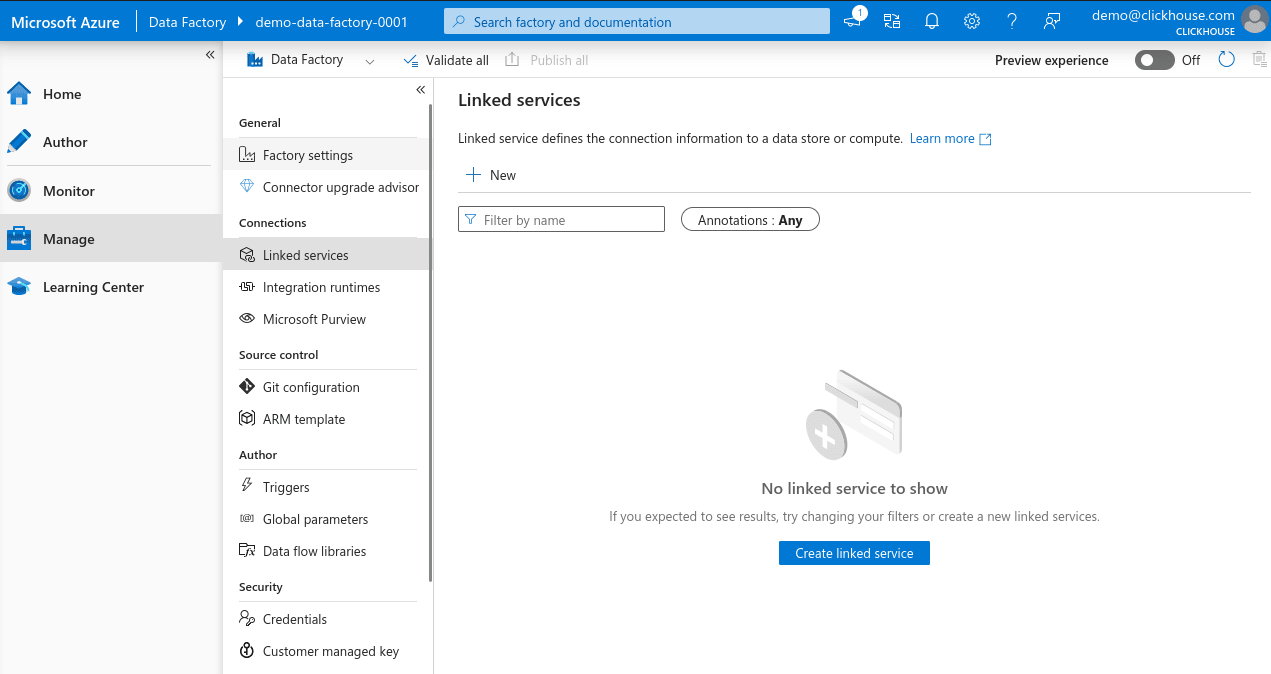Botón de nuevo linked service de Azure Data Factory
