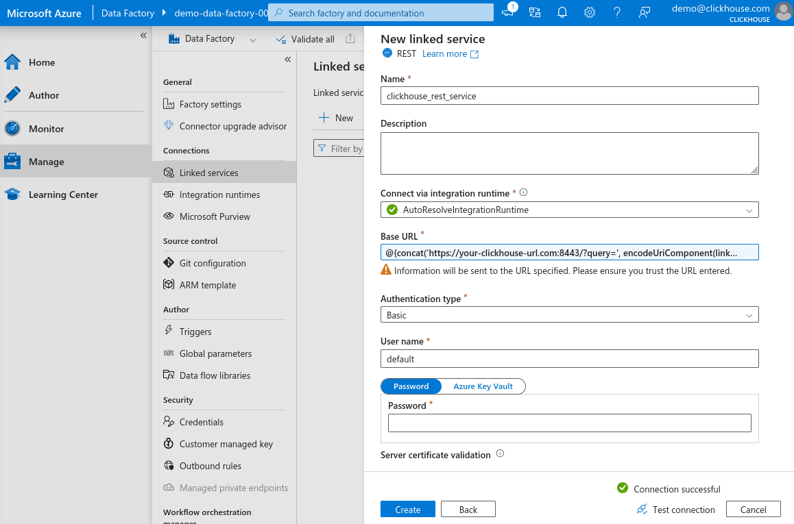 Comprobación de conexión de New Linked Service