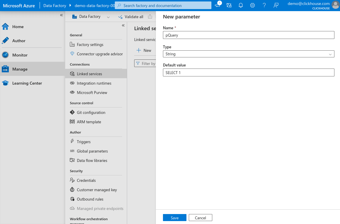 Parameters de New Linked Service