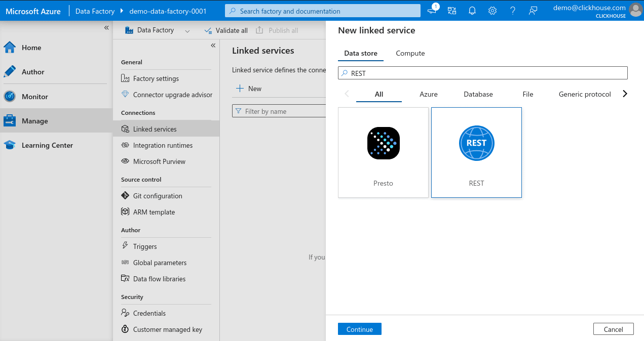 Búsqueda de nuevo linked service en Azure Data Factory