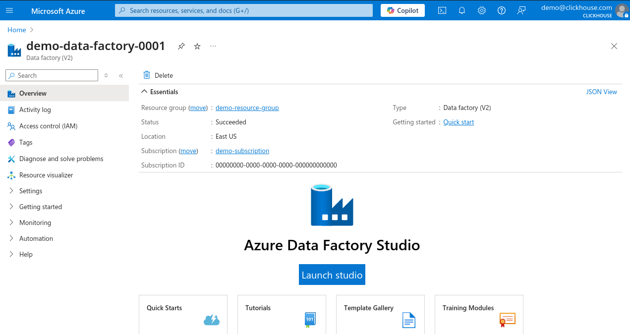 Página de Data Factory en Azure Portal