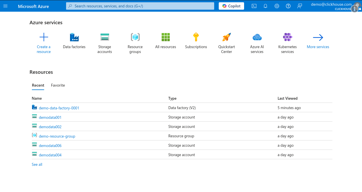 Página de inicio de Azure Portal con Data Factory