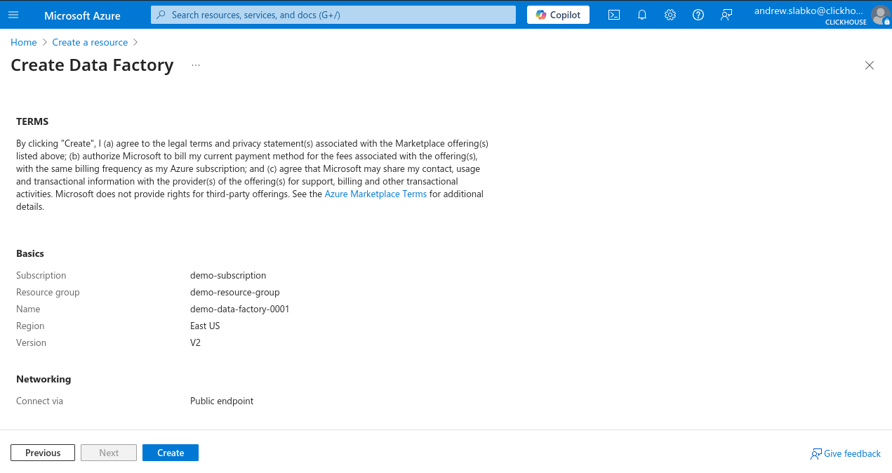 Confirmación del nuevo Data Factory de Azure Portal