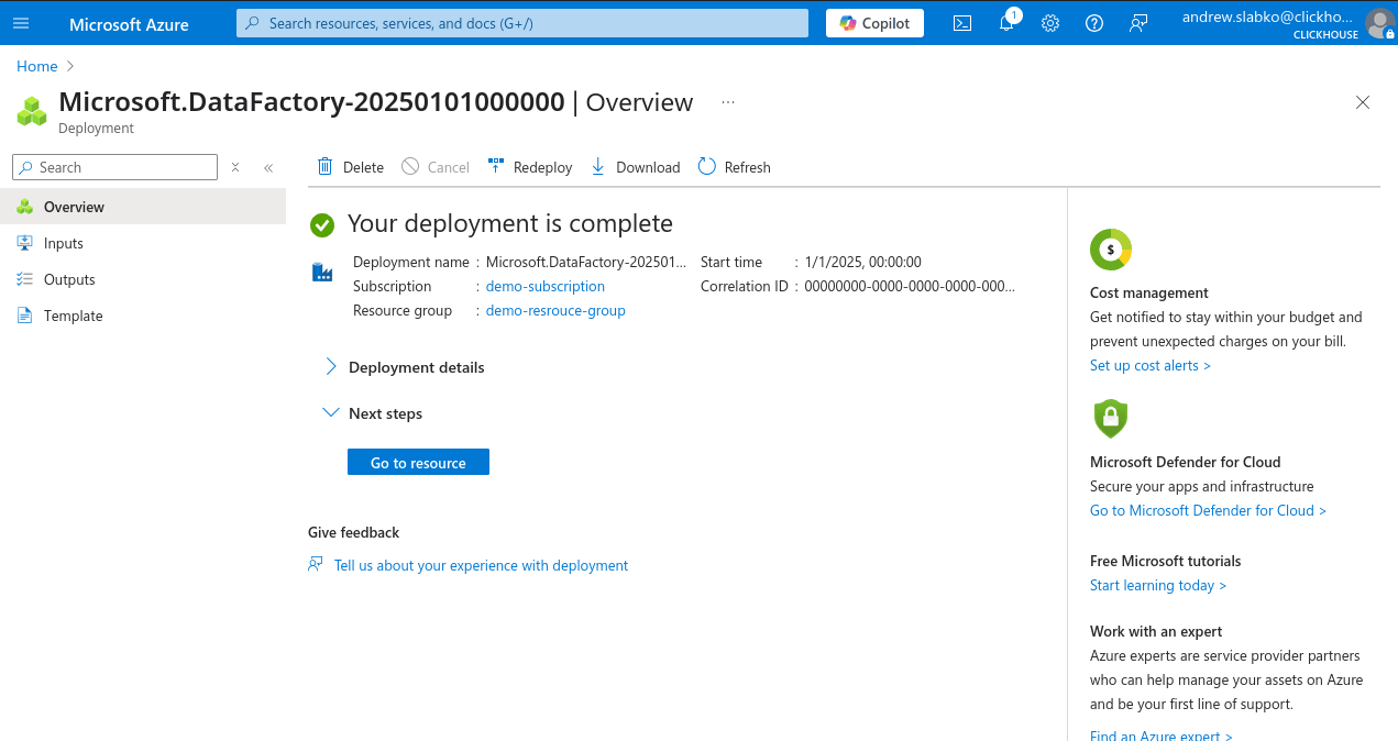 Creación correcta del nuevo Data Factory de Azure Portal