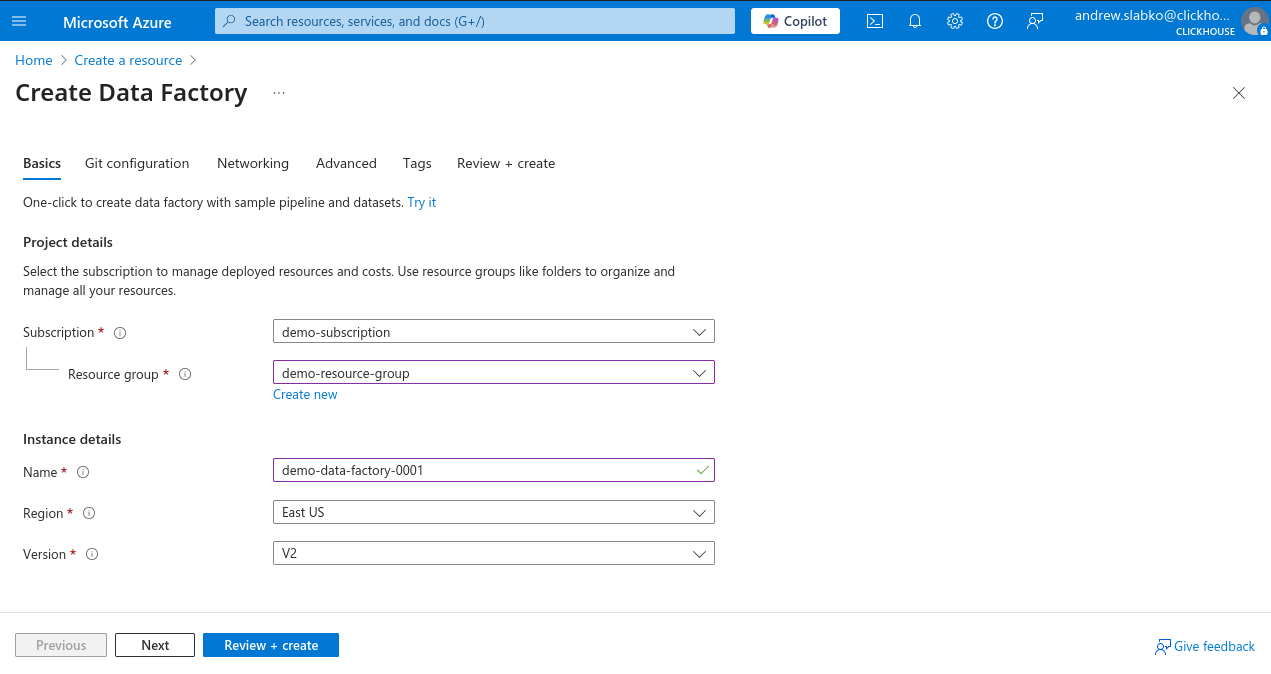 Nuevo Data Factory de Azure Portal