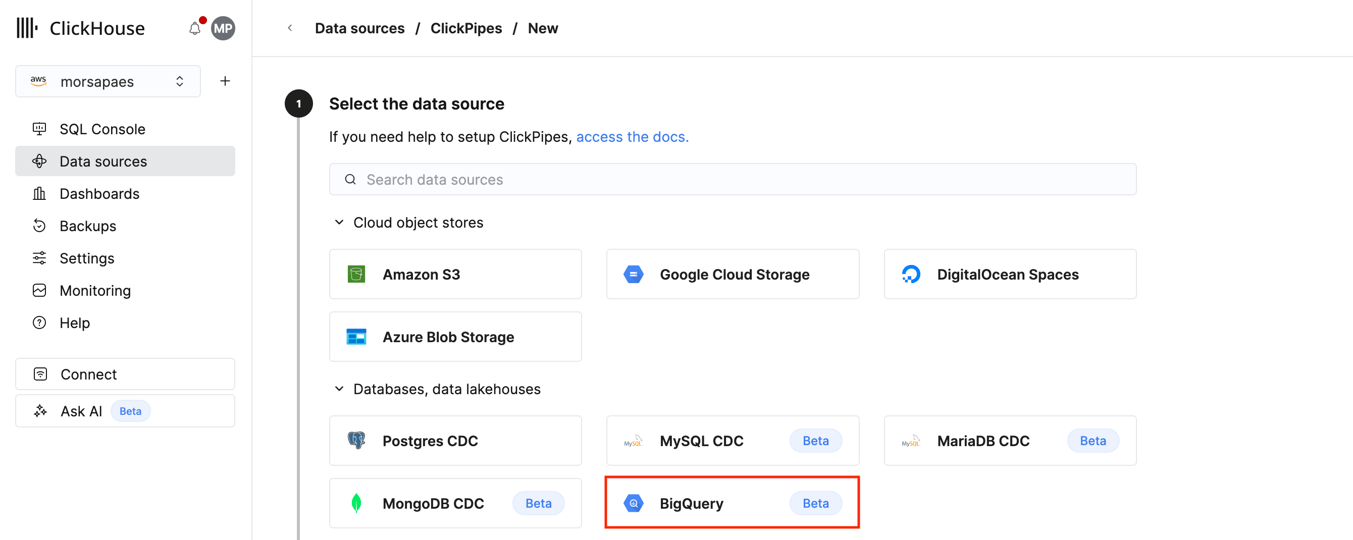 选择 BigQuery 磁贴