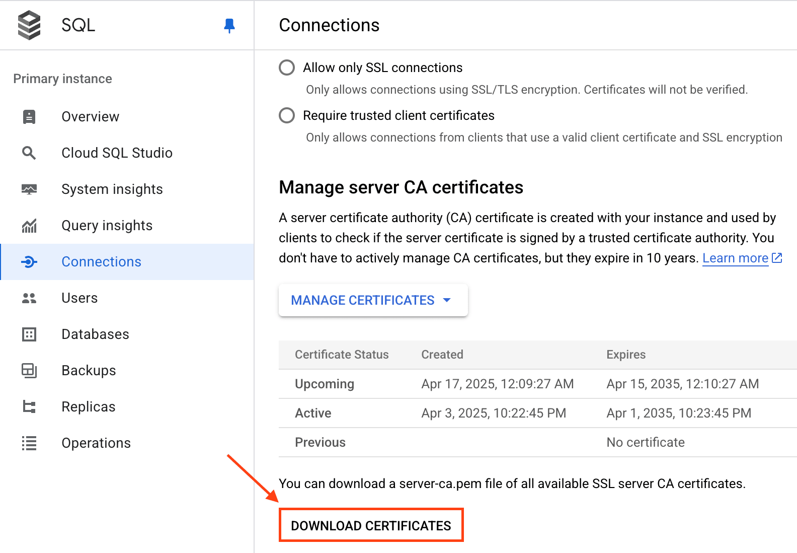 GCP MySQL 인증서 다운로드