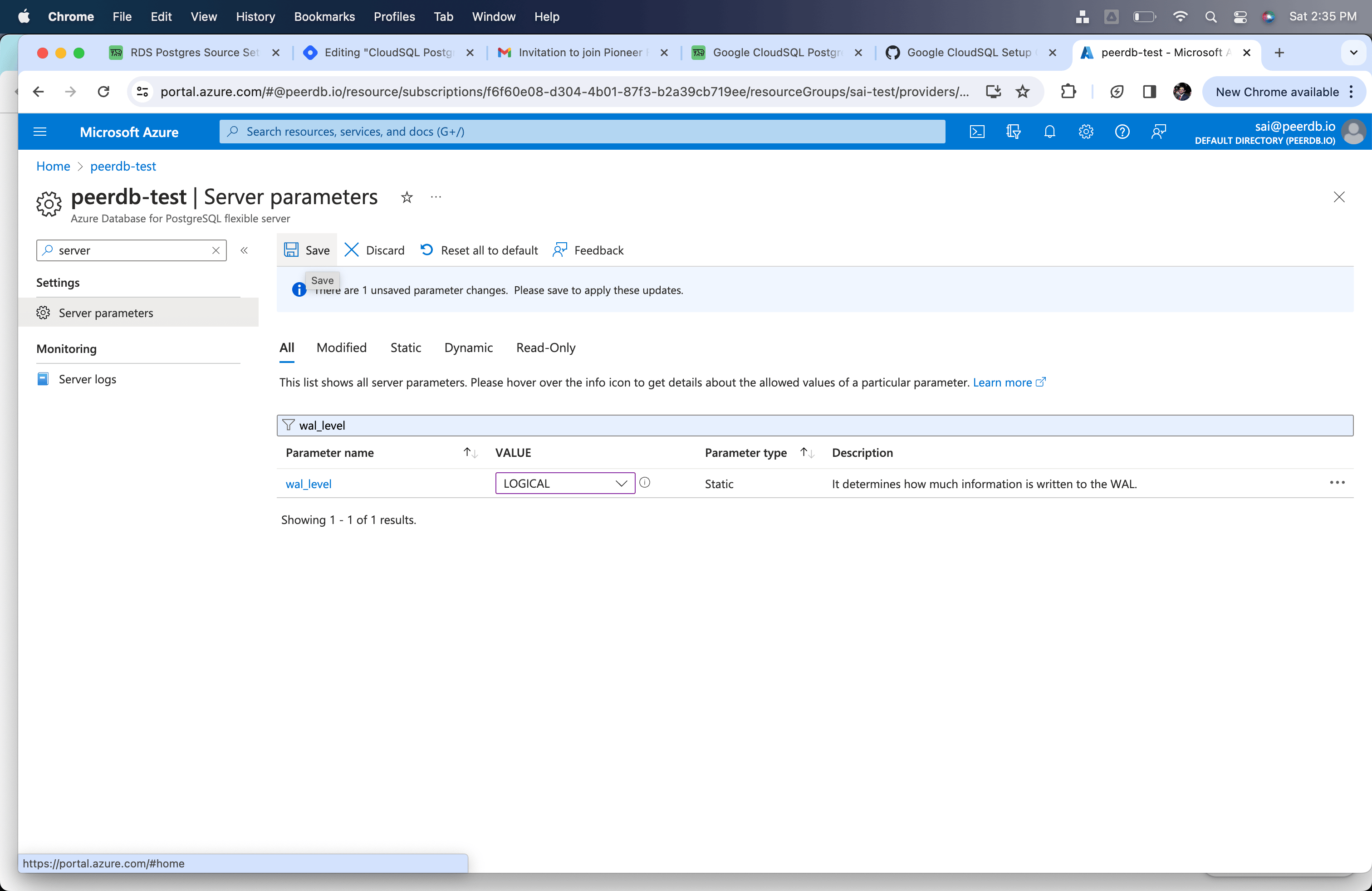 在 Azure PostgreSQL 灵活服务器中将 wal_level 更改为 logical