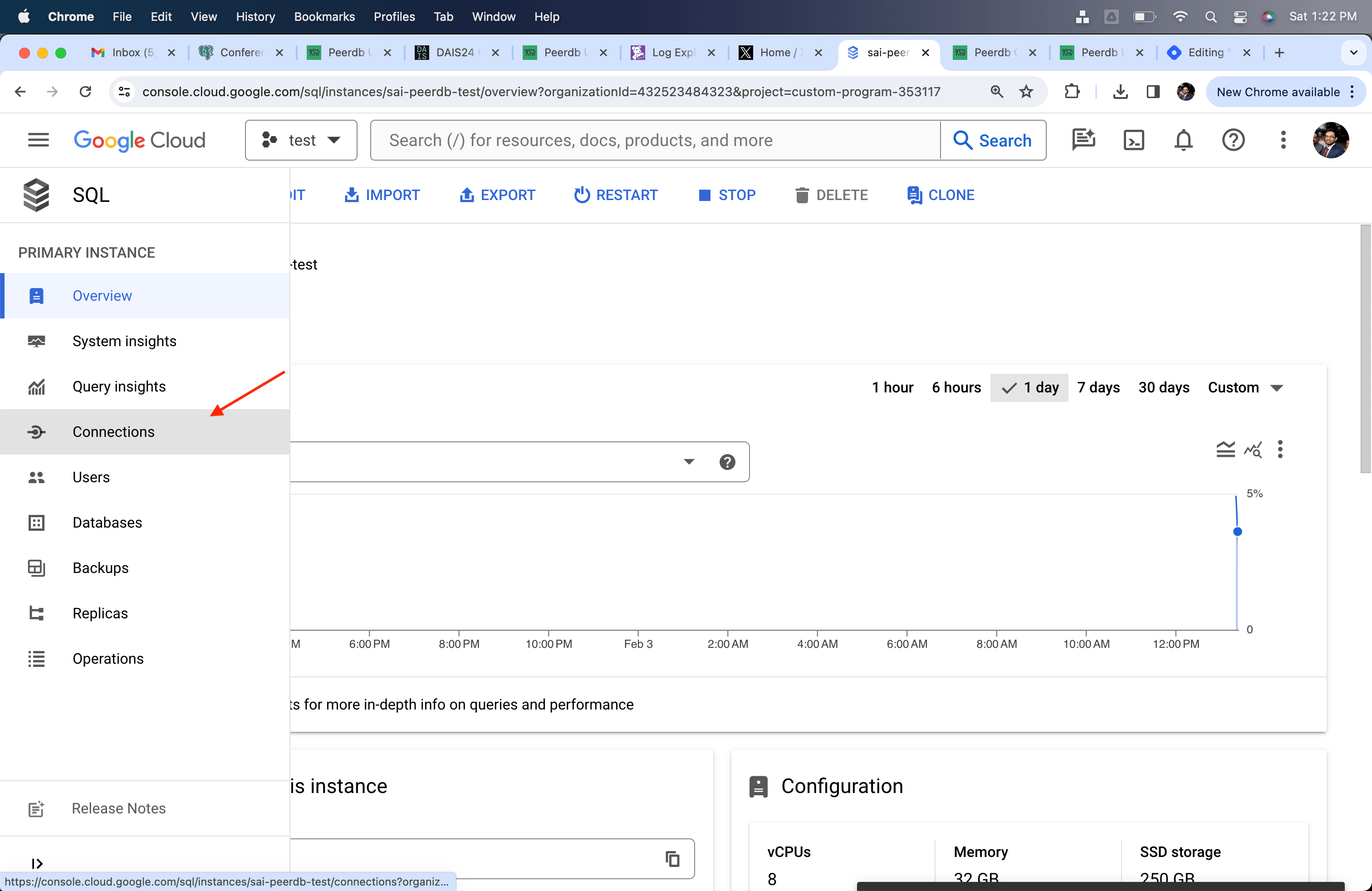 Cloud SQL 中的 Connections 部分
