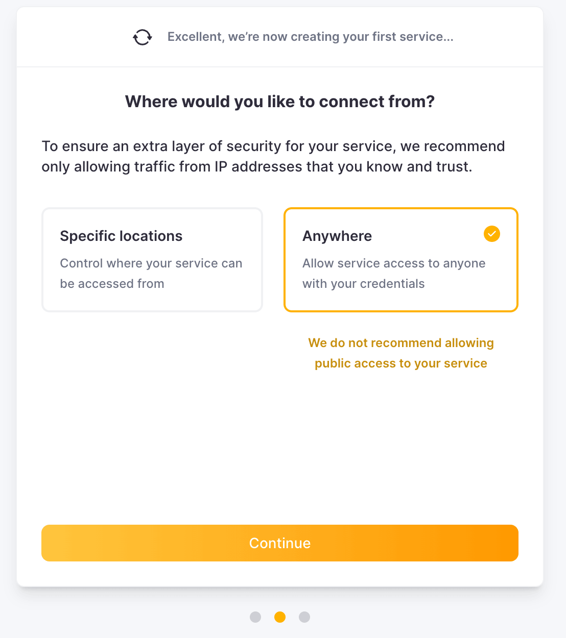 Configuración de conexión de ClickHouse Cloud que muestra la configuración de acceso por IP