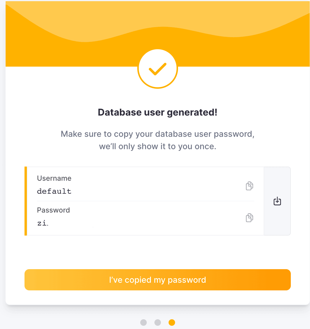 Pantalla de credenciales de ClickHouse Cloud que muestra el nombre de usuario y la contraseña