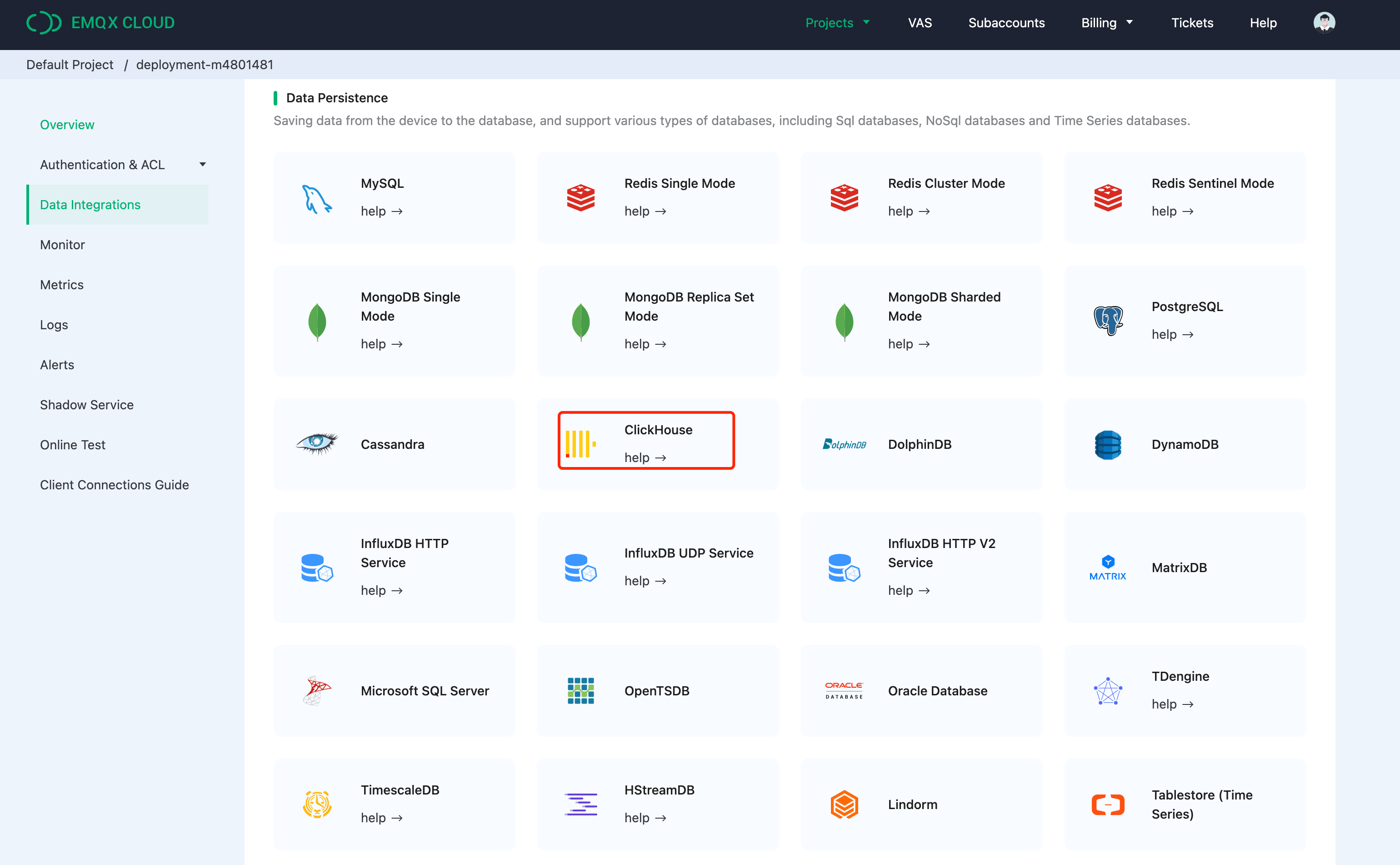 Detalles del conector de Data Integration de ClickHouse en EMQX Cloud