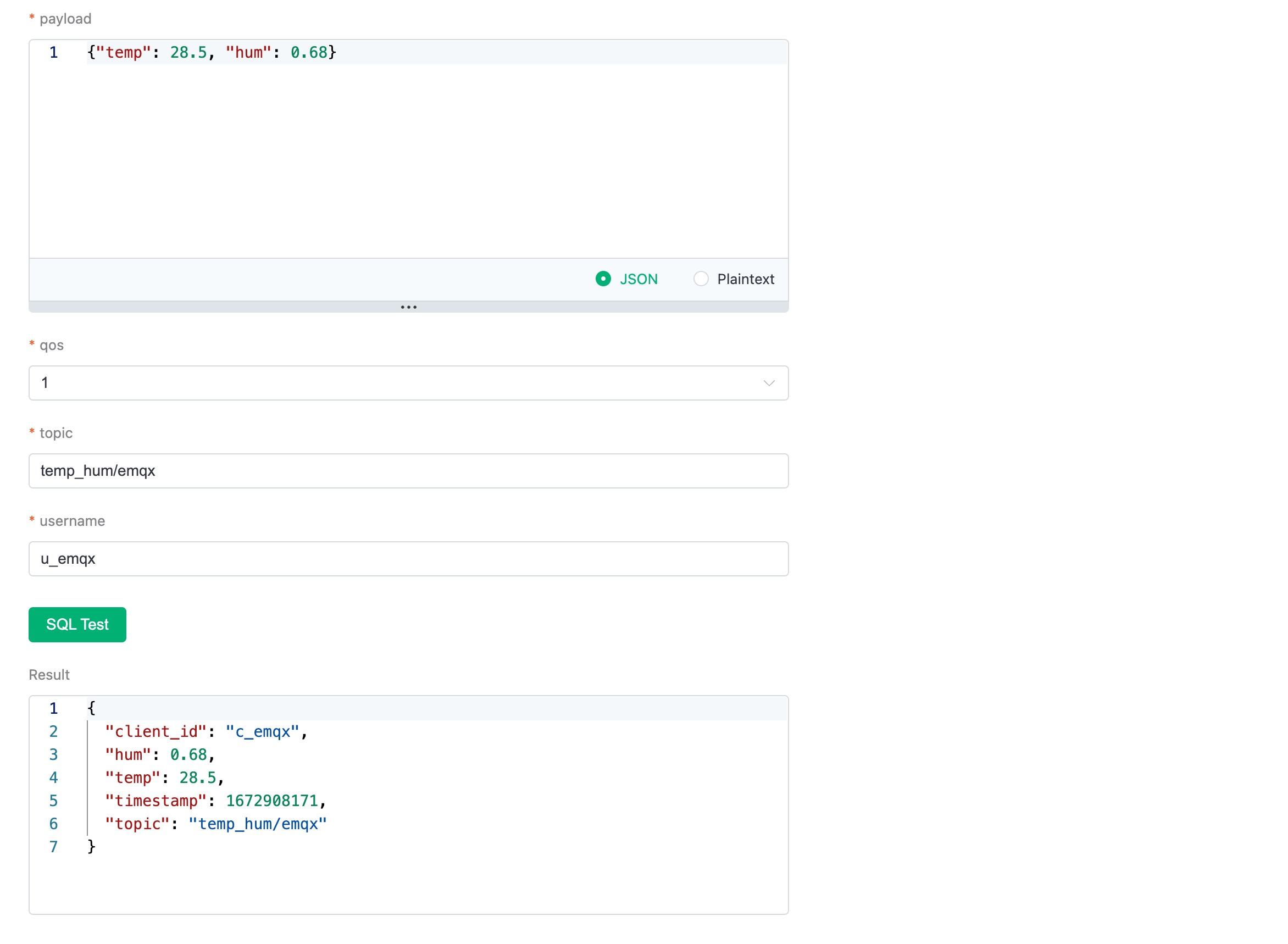 Paso 2 de creación de la regla de integración de datos de EMQX Cloud, que muestra los resultados de la prueba