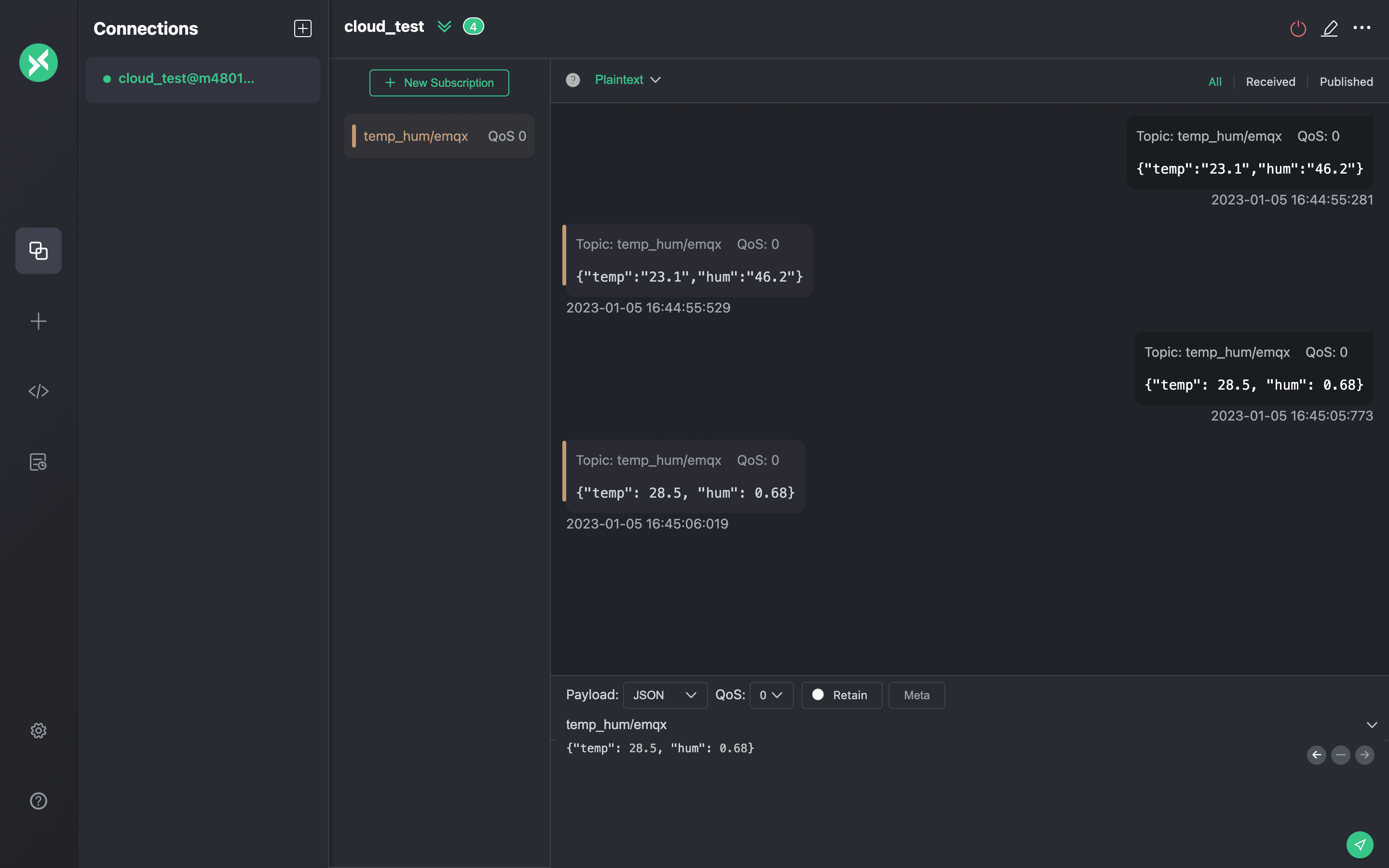 Interfaz de MQTTX Publish MQTT Messages que muestra la composición del mensaje