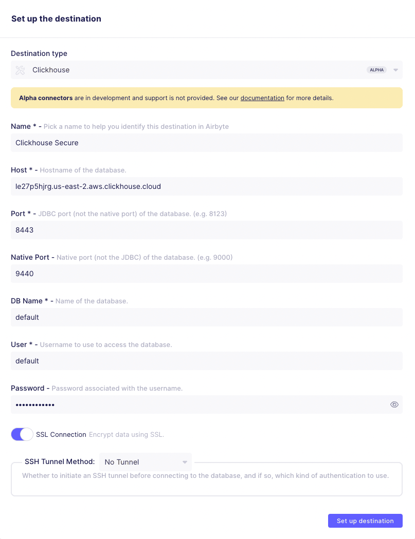 إنشاء وجهة ClickHouse في Airbyte