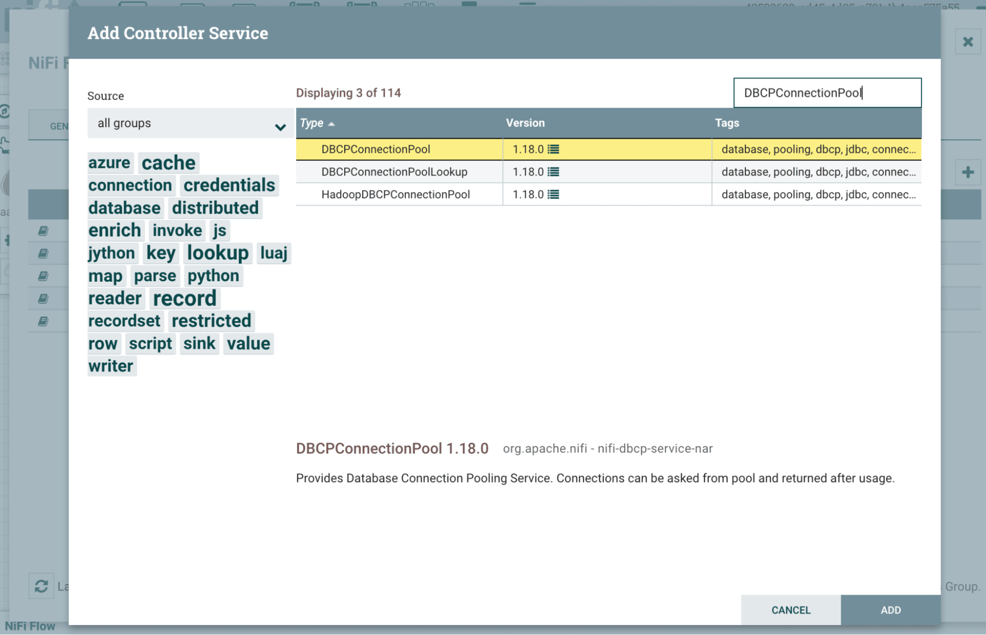 DBCPConnectionPool が強調表示された Controller Service 選択ダイアログ