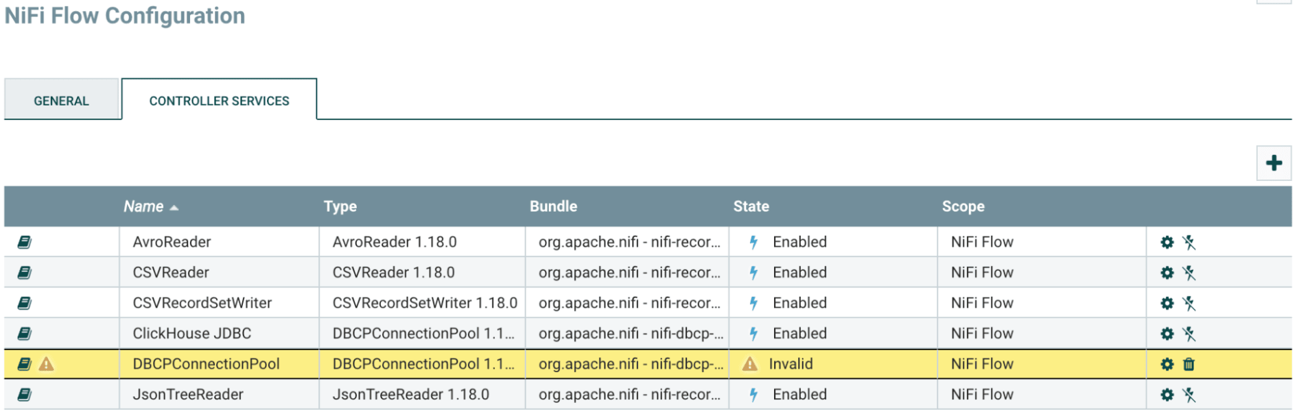 gear ボタンが強調表示され、無効な DBCPConnectionPool が表示された Controller Services 一覧