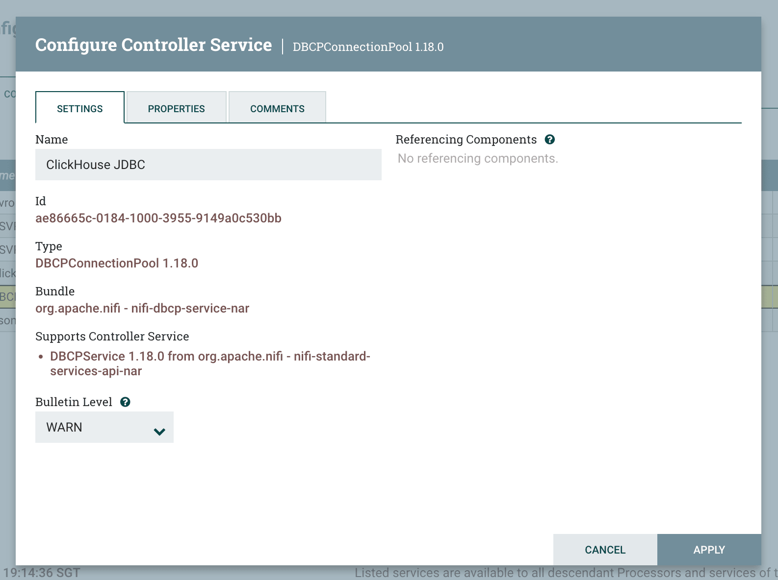プロパティが入力された DBCPConnectionPool 設定ダイアログ