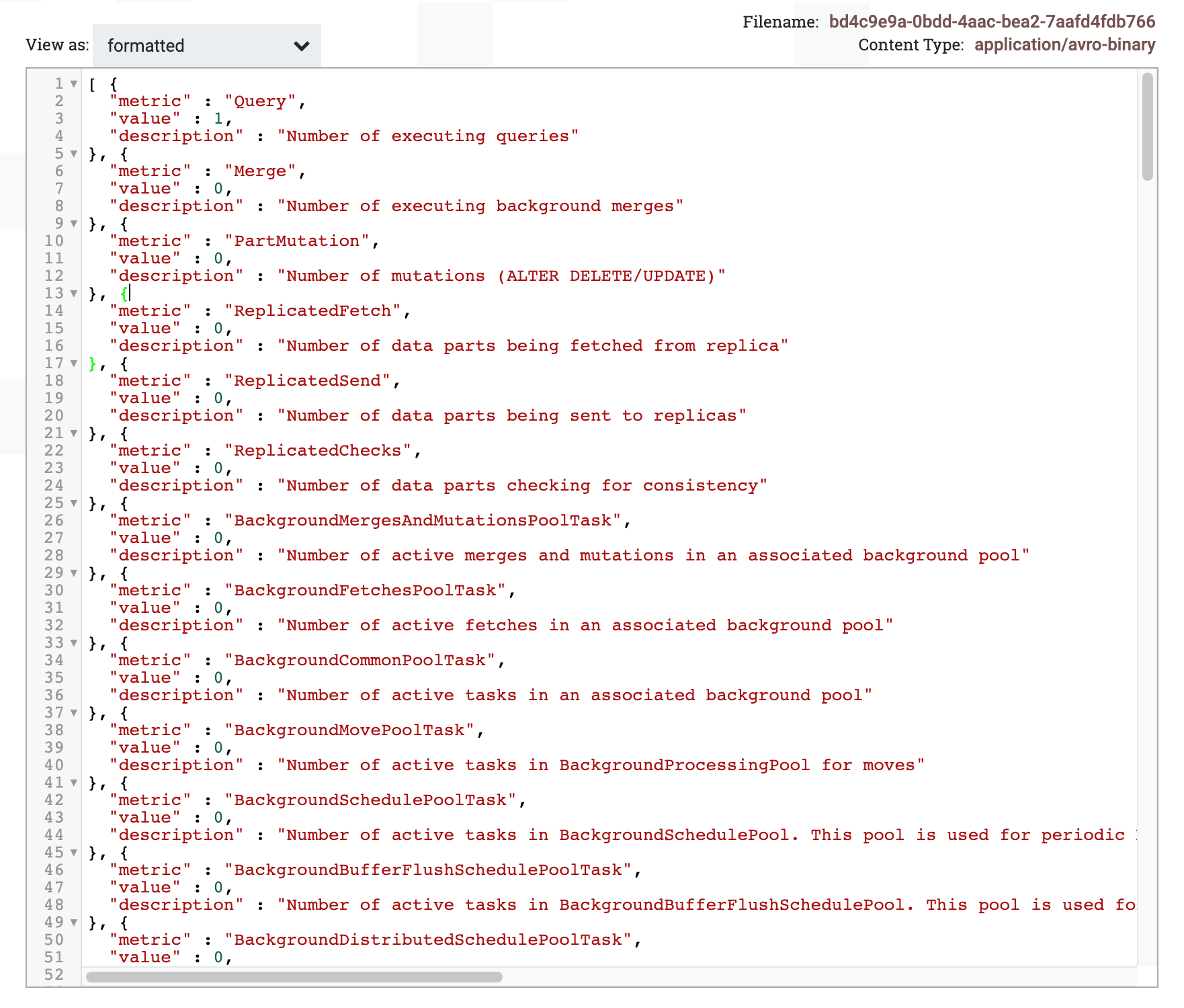 整形表示でクエリ結果を示す FlowFile コンテンツビューア