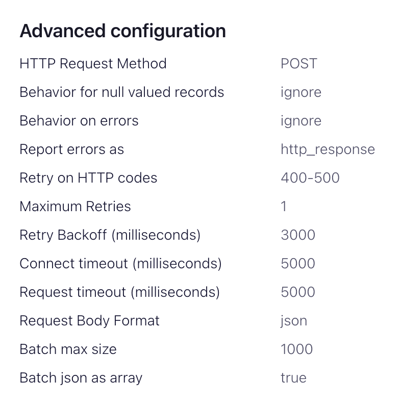 واجهة Confluent Cloud تعرض خيارات التكوين المتقدمة لموصل HTTP Sink
