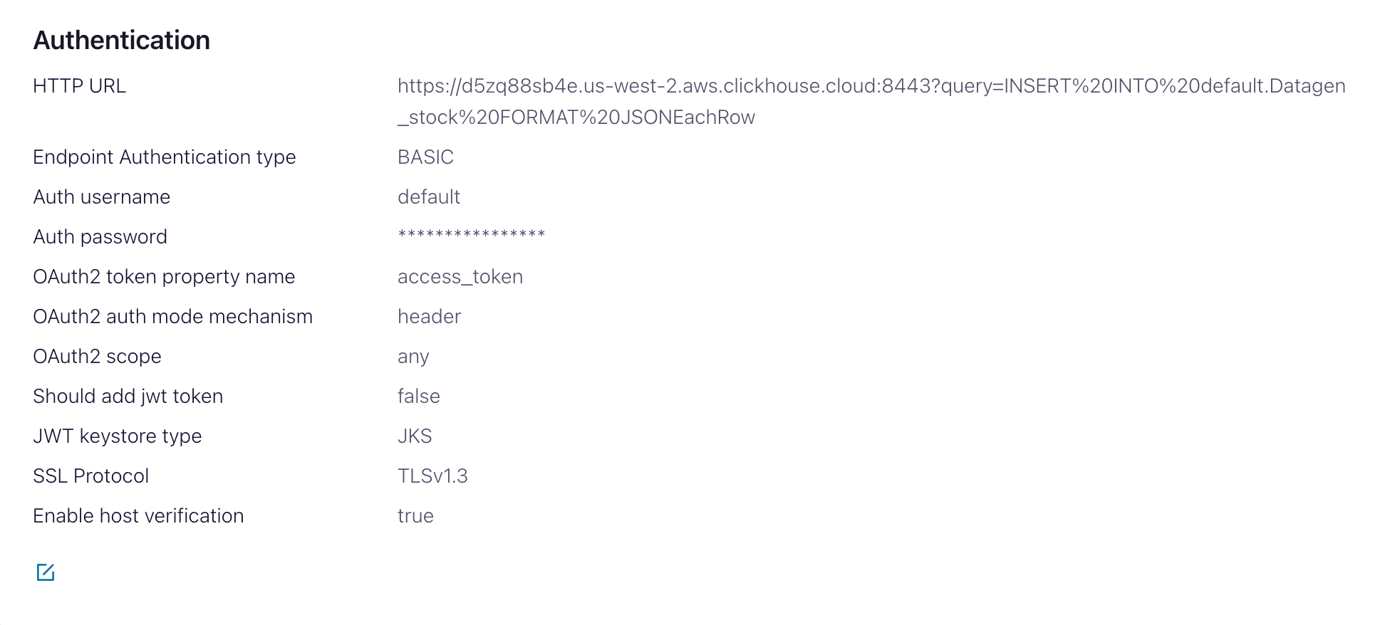 واجهة Confluent Cloud تعرض إعدادات المصادقة لموصل HTTP Sink