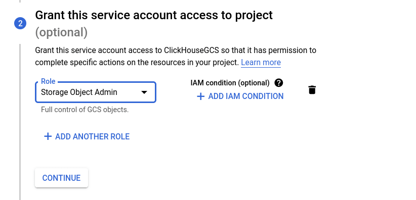 Sélection du rôle IAM Storage Object Admin dans GCS