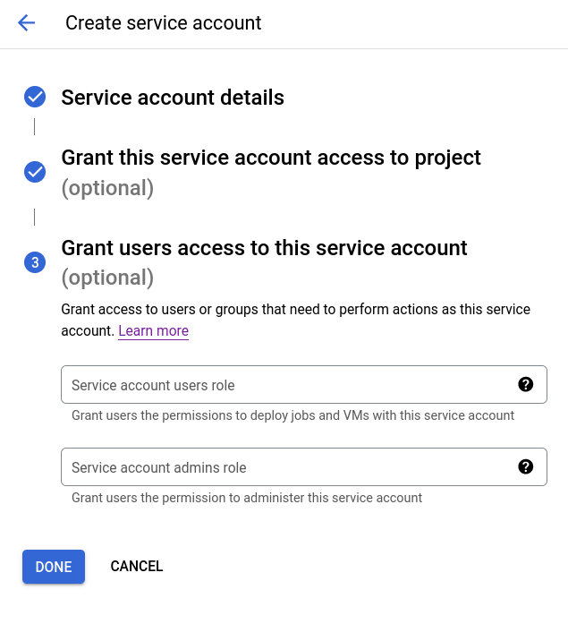 Configuration de paramètres supplémentaires pour le nouveau compte de service dans GCS